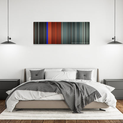 Exam color palette canvas above a bed, between two black pendant lamps