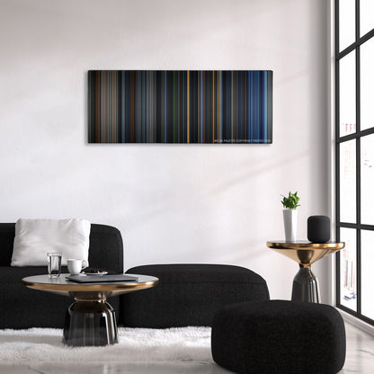 Fantastic Four color palette canvas above a black sofa with a gold-topped table