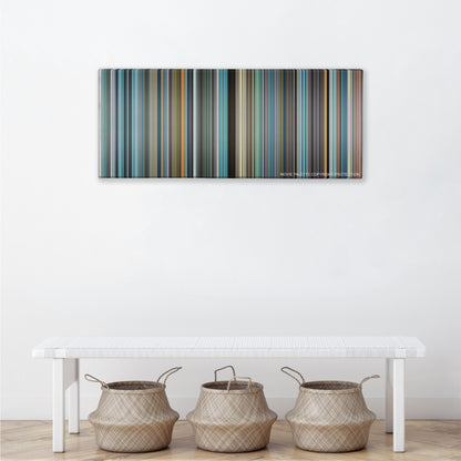 The Secret Life of Walter Mitty color palette canvas above a white bench with three woven baskets
