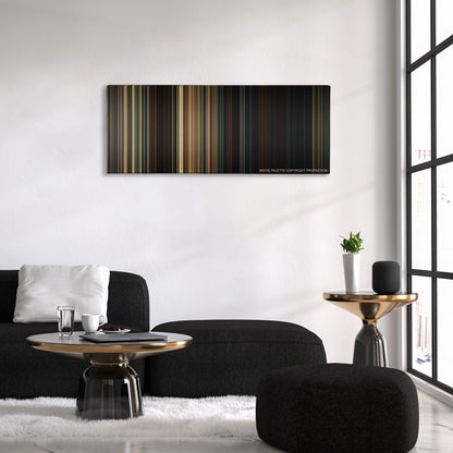 A Quiet Place color palette canvas above a black sofa with a gold-topped table
