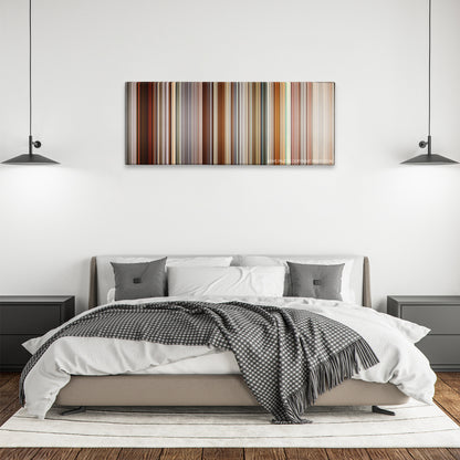 Precious color palette canvas above a bed, between two black pendant lamps
