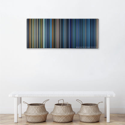 Armageddon color palette canvas above a white bench with three woven baskets