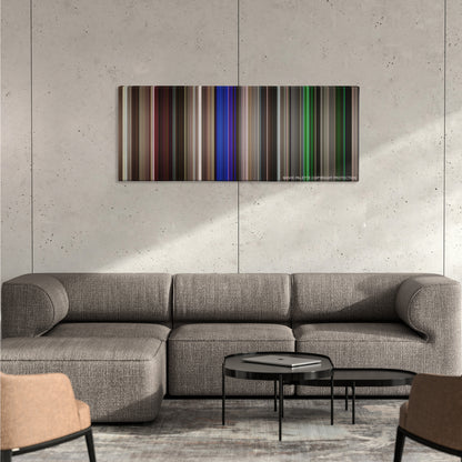 Neighbors color palette canvas on a concrete wall above a gray sectional sofa