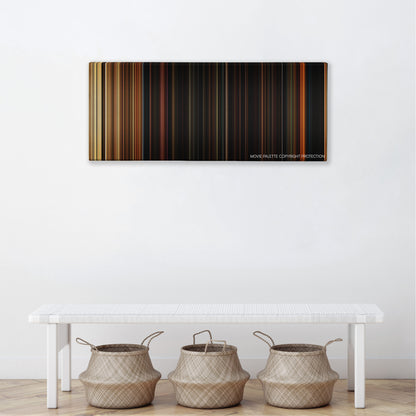 Hostage color palette canvas above a white bench with three woven baskets