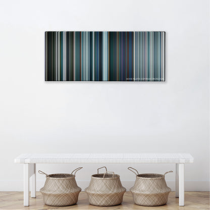 Pacific Rim: Uprising color palette canvas above a white bench with three woven baskets