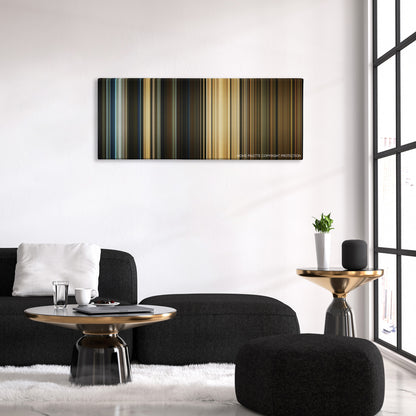 Pompeii color palette canvas above a black sofa with a gold-topped table