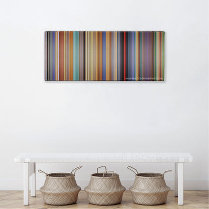 A Scanner Darkly color palette canvas above a white bench with three woven baskets