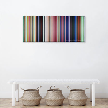 Moana color palette canvas above a white bench with three woven baskets