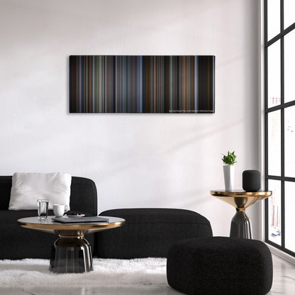 The Bourne Identity color palette canvas above a black sofa with a gold-topped table