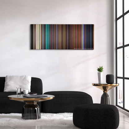 Kill Bill: Vol. 1 color palette canvas above a black sofa with a gold-topped table
