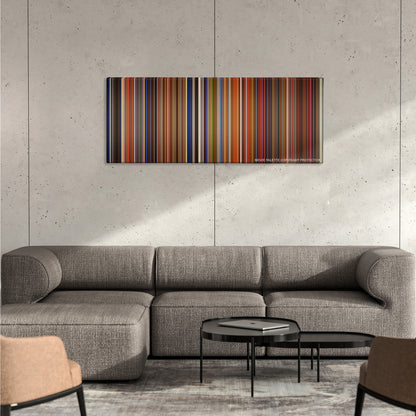 Ocean's Thirteen color palette canvas on a concrete wall above a gray sectional sofa