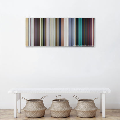 Central Intelligence color palette canvas above a white bench with three woven baskets