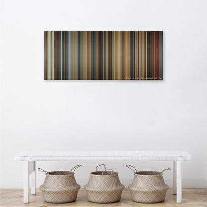 Inferno color palette canvas above a white bench with three woven baskets