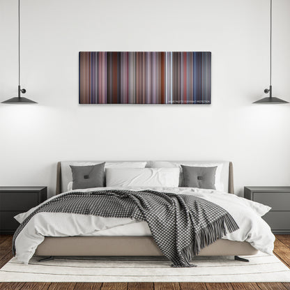 The Naked Gun 2 1/2 : The Smell of Fear color palette canvas above a bed, between two black pendant lamps