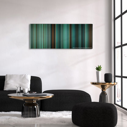 Twilight color palette canvas above a black sofa with a gold-topped table