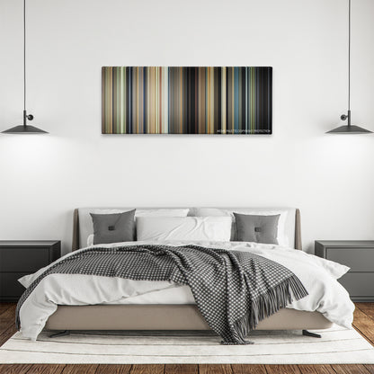 Little Children color palette canvas above a bed, between two black pendant lamps