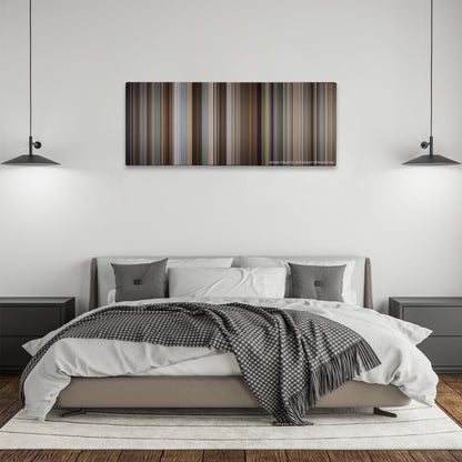 I Love You, Man color palette canvas above a bed, between two black pendant lamps