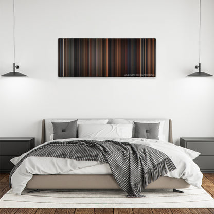 End of Days color palette canvas above a bed, between two black pendant lamps