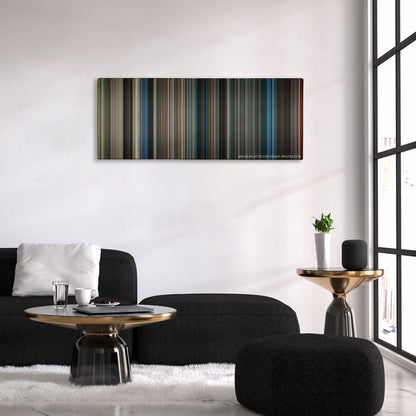 War Horse color palette canvas above a black sofa with a gold-topped table