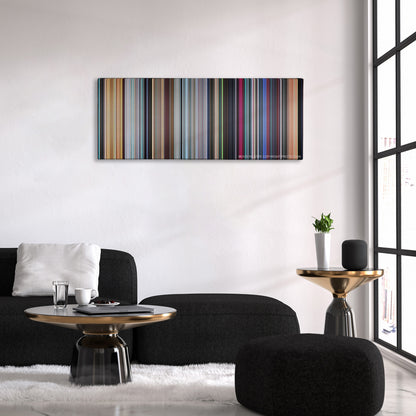 Monsters vs. Aliens color palette canvas above a black sofa with a gold-topped table