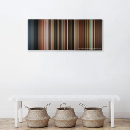 Patch Adams color palette canvas above a white bench with three woven baskets