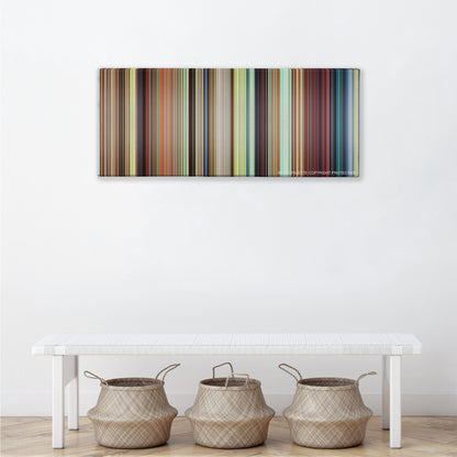 Howl's Moving Castle color palette canvas above a white bench with three woven baskets