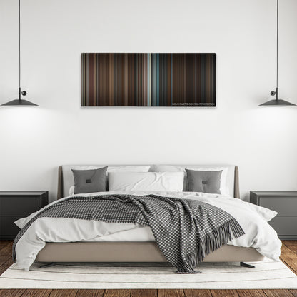 The Trial of the Chicago 7 color palette canvas above a bed, between two black pendant lamps