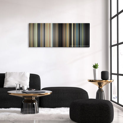 Little Children color palette canvas above a black sofa with a gold-topped table