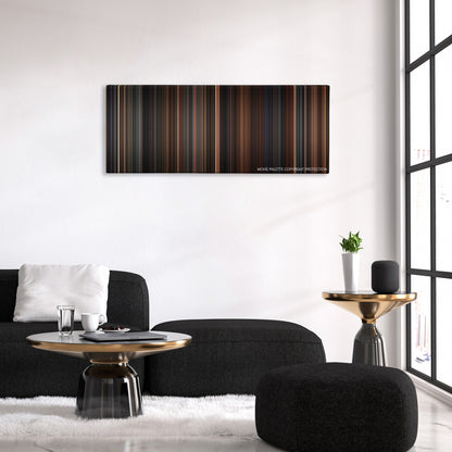 End of Days color palette canvas above a black sofa with a gold-topped table