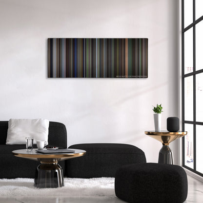 Legends of the Fall color palette canvas above a black sofa with a gold-topped table