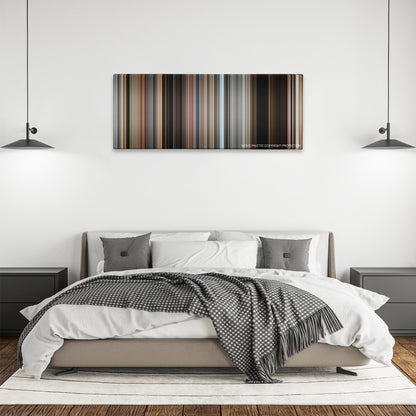 The Edge of Seventeen color palette canvas above a bed, between two black pendant lamps