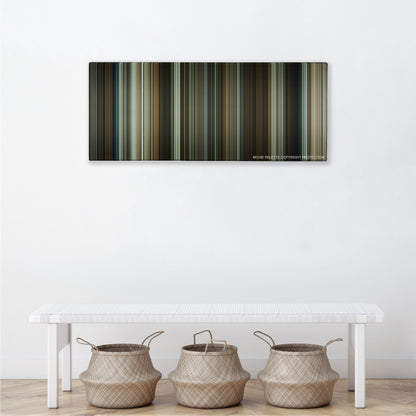 Michael Clayton color palette canvas above a white bench with three woven baskets