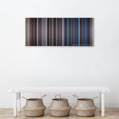 The Perfect Storm color palette canvas above a white bench with three woven baskets
