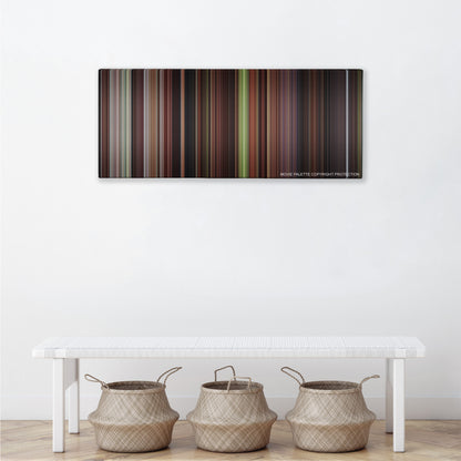 The Man in the Iron Mask color palette canvas above a white bench with three woven baskets
