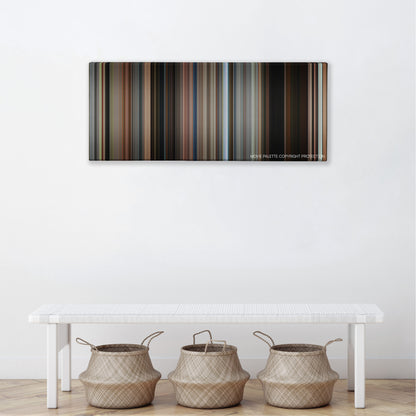The Edge of Seventeen color palette canvas above a white bench with three woven baskets