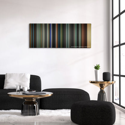 You Were Never Really Here color palette canvas above a black sofa with a gold-topped table