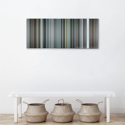 Burnt color palette canvas above a white bench with three woven baskets