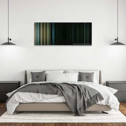 Hush color palette canvas above a bed, between two black pendant lamps