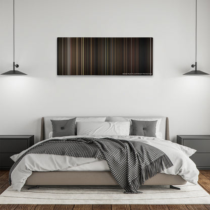 What We Do in the Shadows color palette canvas above a bed, between two black pendant lamps