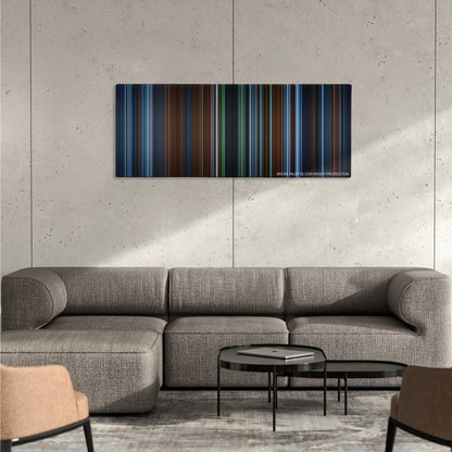 Hellboy color palette canvas on a concrete wall above a gray sectional sofa