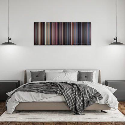 Boogie Nights color palette canvas above a bed, between two black pendant lamps
