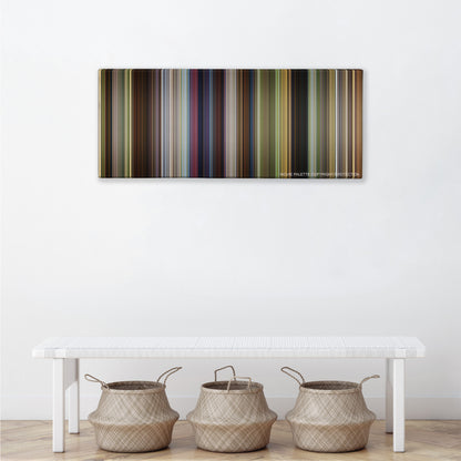 Shrek color palette canvas above a white bench with three woven baskets