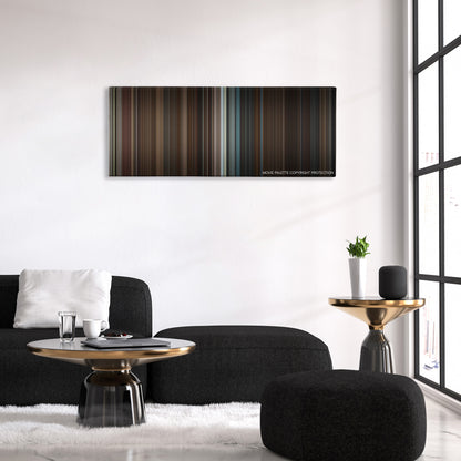 The Trial of the Chicago 7 color palette canvas above a black sofa with a gold-topped table
