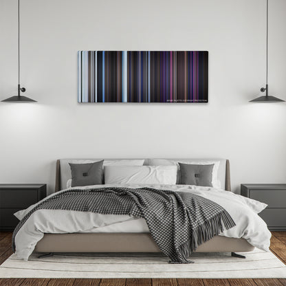 The Thing color palette canvas above a bed, between two black pendant lamps