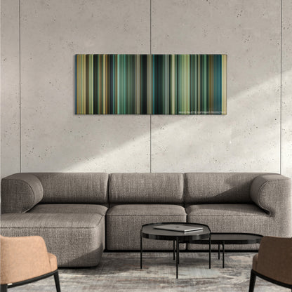Taken 2 color palette canvas on a concrete wall above a gray sectional sofa