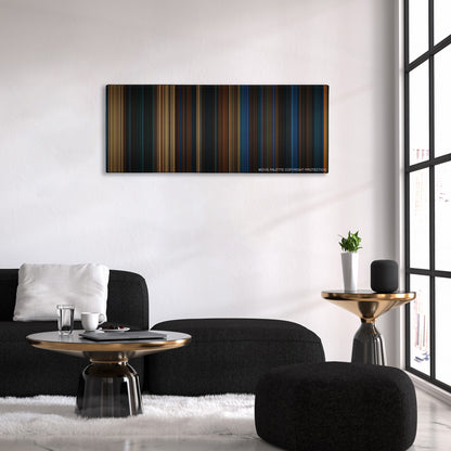 Pan's Labyrinth color palette canvas above a black sofa with a gold-topped table