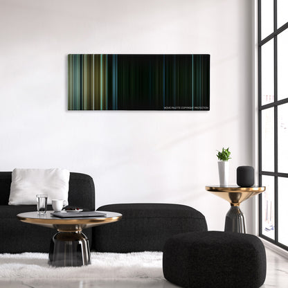 Hush color palette canvas above a black sofa with a gold-topped table