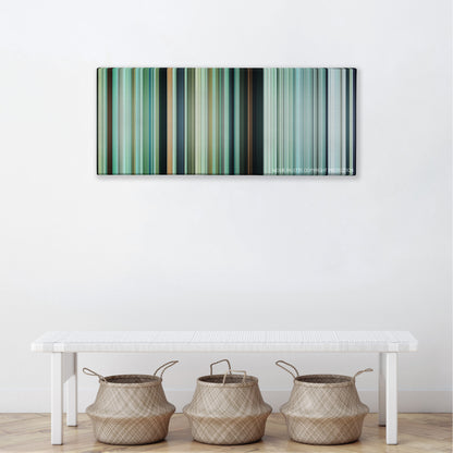 The Mountain II color palette canvas above a white bench with three woven baskets