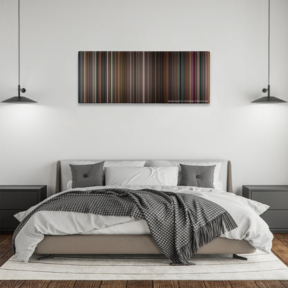 Black Swan color palette canvas above a bed, between two black pendant lamps