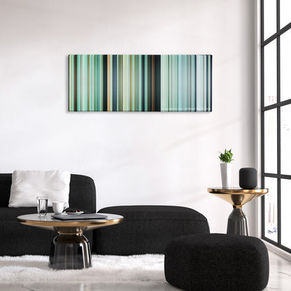The Mountain II color palette canvas above a black sofa with a gold-topped table